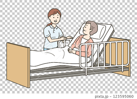 ベッドに寝る高齢女性と介助をする女性介護士の全身イラスト ベッドに寝る高齢女性と介助をする女性介護士の全身イラスト 123595060
