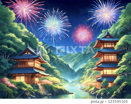 花火が上がる山奥の日本建築 123595103