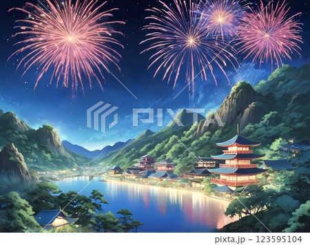 新緑の季節の川沿いの旅館街-2 123595104
