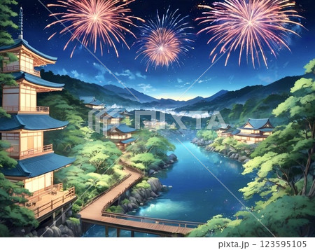 新緑の季節の川沿いの旅館街-3 123595105