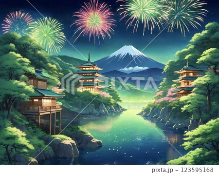 富士山が見える秘境の日本建築物 123595168