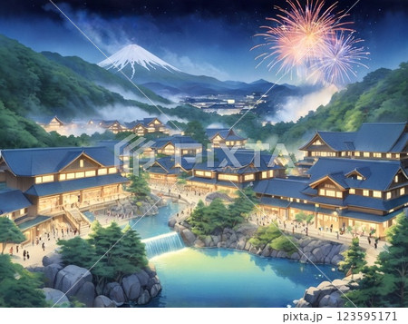 花火が上がる山間の温泉街-2 123595171