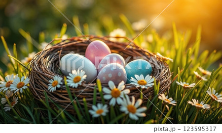 vibrant colorful nest with easter eggs vibrant colorful nest with easter eggs 123595317