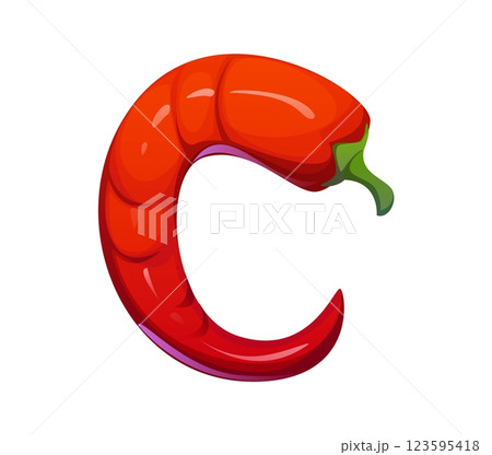 Cartoon Mexican font chili pepper letter C. Latin America festival English font element, Mexican cuisine holiday food vector ABC typeset letter or Hispanic culture fiesta latin alphabet symbol 123595418