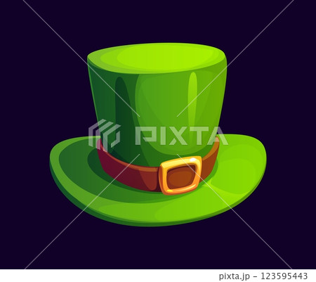 St Patrick day or Irish holiday cartoon leprechaun hat, vector luck symbol. Saint Patrick day festival and Ireland national holiday traditional symbol of leprechaun cylinder top hat with golden buckle 123595443