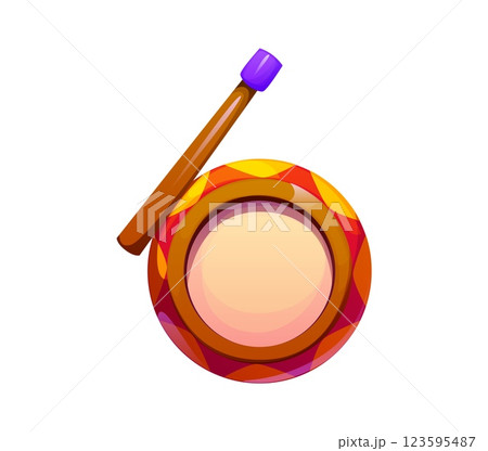 Cartoon circus font Number six as a drum with colorful patterns and wooden drumstick. Vector numeral 6 retro carnival typeface, entertainment type, kids abc typography character for math learning 123595487