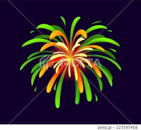 St Patrick day firework with golden and green sparks for Irish holiday, vector cartoon symbol. Saint Patrick festival and Ireland national holiday celebration firework with green and gold sparkles 123595488