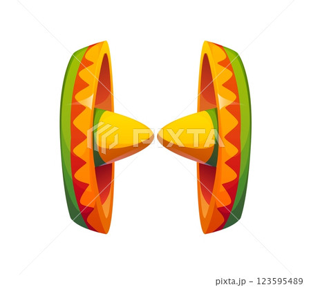 Cartoon Mexican font sombrero hat letter H. Cinco de Mayo party ABC typeset element. Latin America fiesta clothing vector English font letter or Mexican holiday latin alphabet symbol 123595489