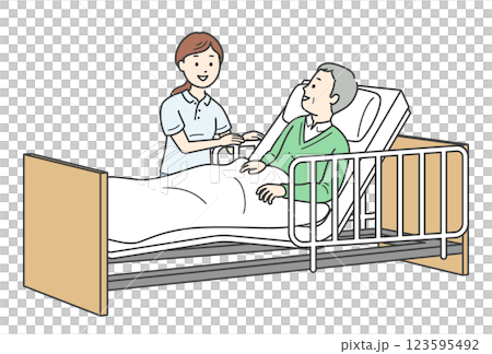 ベッドに寝る高齢男性と介助をする女性介護士の全身イラスト ベッドに寝る高齢男性と介助をする女性介護士の全身イラスト 123595492