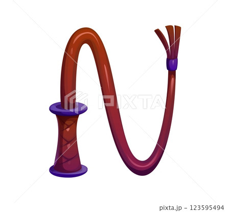 Cartoon letter N as a circus whip with curved shape, leather handle and tassels at the end Vector abc typography character, carnival font, retro typeface, amusement type, kids English alphabet symbol 123595494