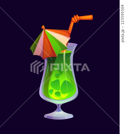 St Patrick day cartoon green cocktail drink glass for Irish holiday, vector symbol. Saint Patrick festival and Ireland national holiday cocktail with drinking straw and green ale beer or juice 123595504