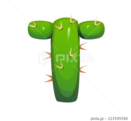 Cartoon Mexican font cactus letter T. Cinco de Mayo holiday English font element. Hispanic culture party isolated vector ABC typeset symbol or Mexico festival cactus plant latin alphabet letter 123595580