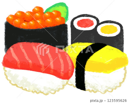 にぎり寿司のセット　シンプルイラスト　クレヨンタッチ 123595626