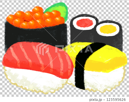 にぎり寿司のセット　シンプルイラスト　クレヨンタッチ 123595626