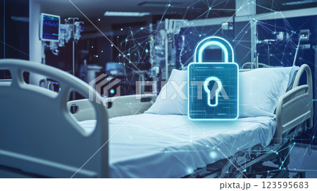 医療データセキュリティを象徴するデジタルロックと病院ベッド 123595683