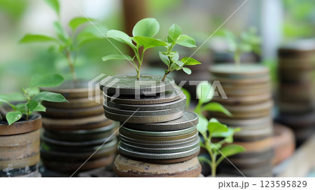 積み重ねたコインから芽吹く植物と持続可能な投資の概念 積み重ねたコインから芽吹く植物と持続可能な投資の概念 123595829