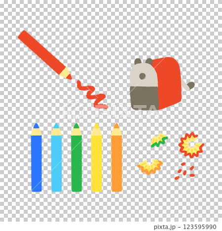 Simple and cute hand-drawn illustration of colored pencils and pencil sharpeners 123595990