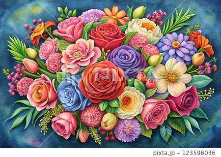 Drawn with paint.Bouquet of colored flowers with green leaves Drawn with paint.Bouquet of colored flowers with green leaves 123596036