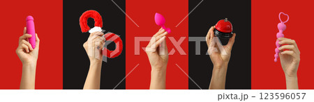 Sex toys accessories, collage of hands with sex toys accessories on black and red backgrounds Sex toys accessories, collage of hands with sex toys accessories on black and red backgrounds 123596057