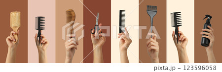 Haircut accessories, collage of hands with haircut accessories on color backgrounds 123596058
