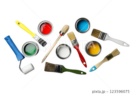PNG, Paint, cans of paint and painting tools, top view, isolated on white background PNG, Paint, cans of paint and painting tools, top view, isolated on white background 123596075