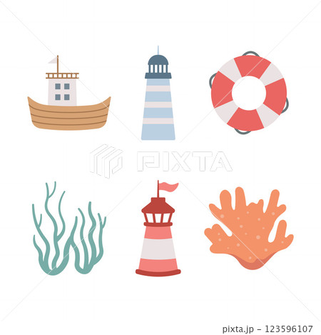 Sea Ocean Beach Marine Elements Set of Ship Lighthouse Tower Lifebuoy Seaweed Coral Reef Sea Ocean Beach Marine Elements Set of Ship Lighthouse Tower Lifebuoy Seaweed Coral Reef 123596107