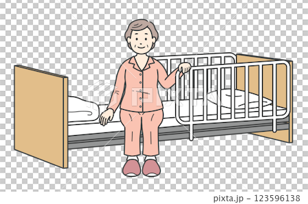 穿著睡衣的老年婦女坐在床邊和護理床上 123596138