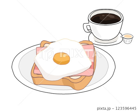 ベーコンエッグトーストとホットコーヒーのセット 123596445