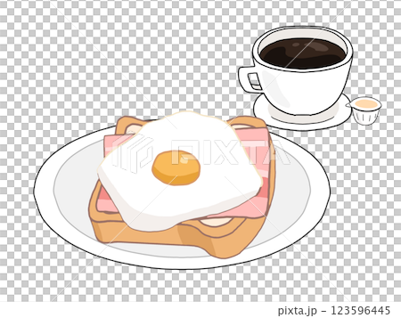 ベーコンエッグトーストとホットコーヒーのセット 123596445