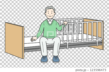 Illustration of an elderly man sitting at the bedside and a nursing care bed Illustration of an elderly man sitting at the bedside and a nursing care bed 123596473
