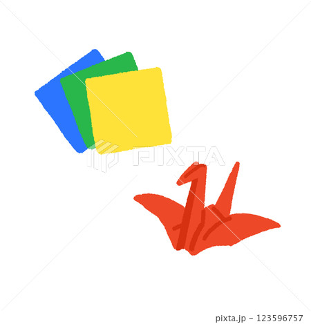 シンプルでかわいい折り紙と折り鶴の手書きイラスト シンプルでかわいい折り紙と折り鶴の手書きイラスト 123596757