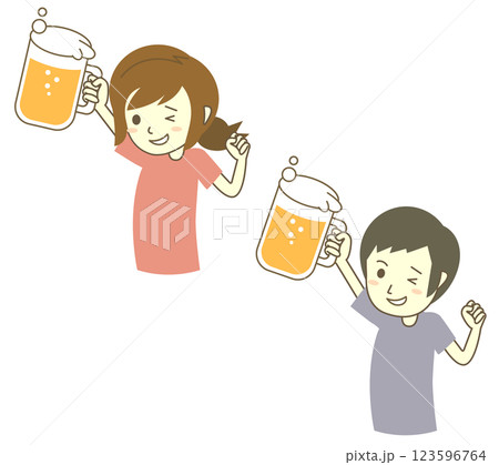 ビールを掲げて楽しむ男性と女性 123596764