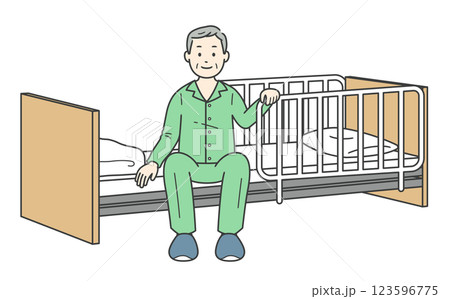 ベッドサイドに座るパジャマ姿の高齢男性と介護ベッドのイラスト ベッドサイドに座るパジャマ姿の高齢男性と介護ベッドのイラスト 123596775