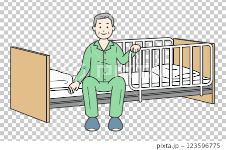 Illustration of an elderly man in pajamas sitting at the bedside and a nursing bed 123596775