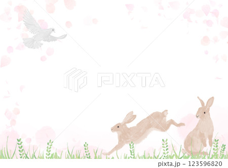 桜とウサギたちが遊んでいる手書きの背景 桜とウサギたちが遊んでいる手書きの背景 123596820