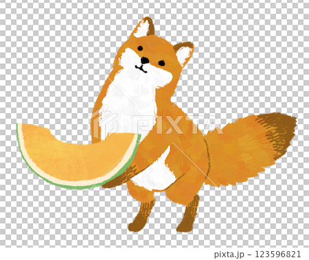 Hand-drawn illustration of a fox holding a melon Hand-drawn illustration of a fox holding a melon 123596821