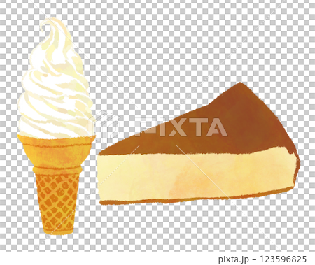 ソフトクリームとチーズケーキの手書きイラスト 123596825