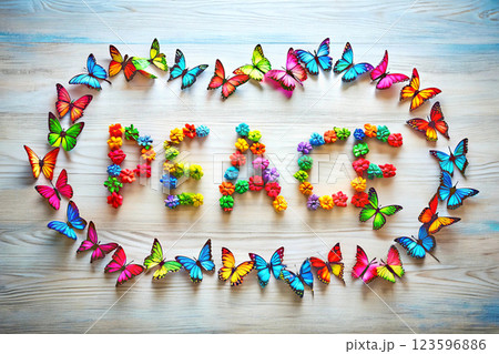Bright colored inscription peace with beautiful flowers and butterflies 123596886