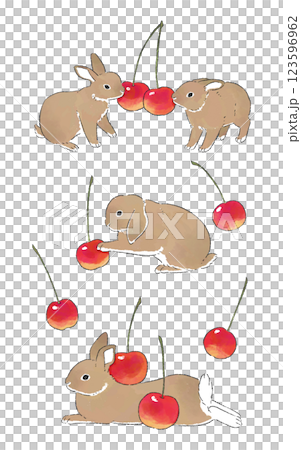 さくらんぼと茶色いうさぎたちのイラストセット 123596962