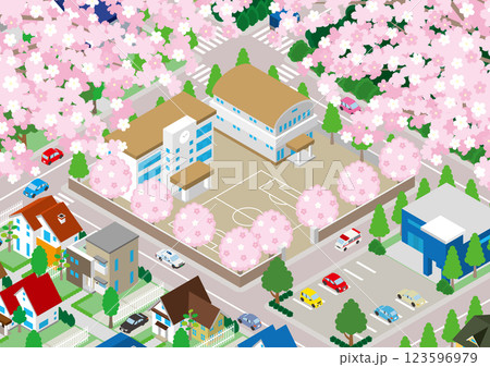 桜咲く春の校舎のイラスト. アイソメ図. 123596979