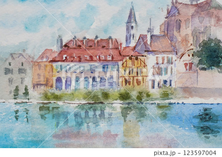 フランスの小さな村　水彩画　風景画 123597004