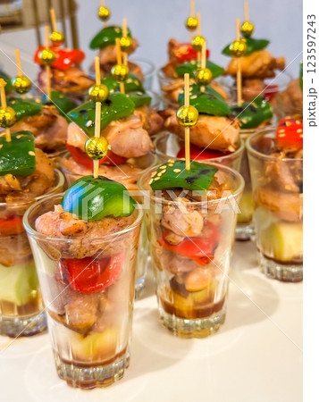 Many type of cocktail food on disk ready to eat 123597243