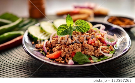 Local Thai food, Spicy minced pork salad (Larb Moo) Local Thai food, Spicy minced pork salad (Larb Moo) 123597265