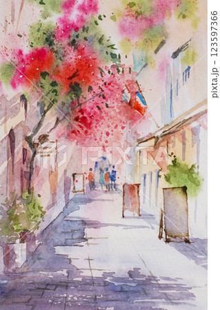 南フランスの小さな村　水彩画　風景画 123597366