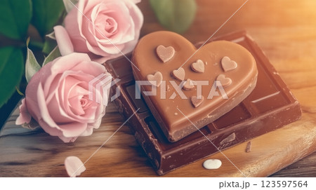 A bar of chocolate on the table next to cup of coffee Beautiful, soft colors. 123597564