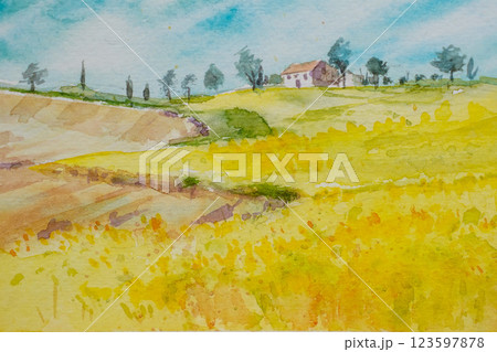 フランスの小さな村  水彩画 風景画 フランスの小さな村  水彩画 風景画 123597878