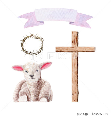Wooden cross, lamb , a crown of thorns and ribbon banner watercolor set isolated on white. Illustration perfect for Easter, Holy Thursday, christening baptism, wedding cards, stickers decor design Wooden cross, lamb , a crown of thorns and ribbon banner watercolor set isolated on white. Illustration perfect for Easter, Holy Thursday, christening baptism, wedding cards, stickers decor design 123597929
