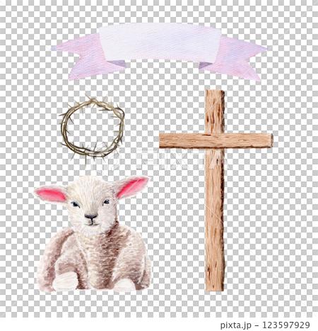 Wooden cross, lamb , a crown of thorns and ribbon banner watercolor set isolated on white. Illustration perfect for Easter, Holy Thursday, christening baptism, wedding cards, stickers decor design Wooden cross, lamb , a crown of thorns and ribbon banner watercolor set isolated on white. Illustration perfect for Easter, Holy Thursday, christening baptism, wedding cards, stickers decor design 123597929
