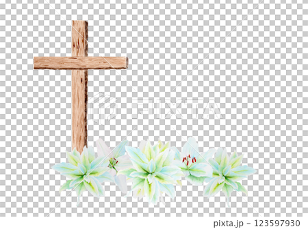Cross with white lily garland watercolor composition isolated on white. Illustration perfect for Easter, Holy Thursday, christening baptism, wedding cards invitations decor design 123597930