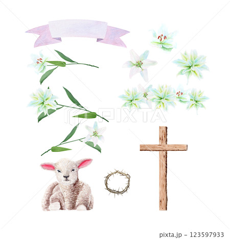 Wooden cross, lamb, crown of thorns, lilies and ribbon banner watercolor set isolated on white. Illustrations perfect for Easter, Holy Thursday, christening baptism, wedding cards, stickers decor 123597933